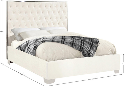 Lexi Collection Modern | Contemporary Velvet Upholstered Bed with Deep Tufting, Polished Chrome Stainless Steel Frame and Legs, Queen, White