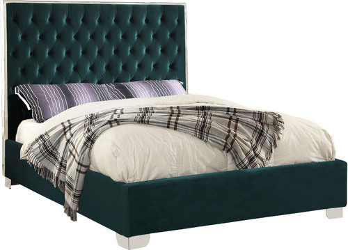 Lexi Collection Modern | Contemporary Velvet Upholstered Bed with Deep Tufting, Polished Chrome Stainless Steel Frame and Legs, King, Green