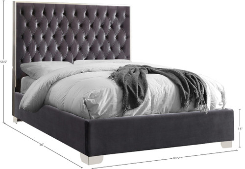 Lexi Collection Modern | Contemporary Velvet Upholstered Bed with Deep Tufting, Polished Chrome Stainless Steel Frame and Legs, King, Grey