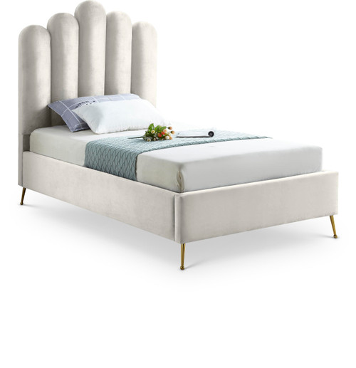 Lily Collection Modern | Contemporary Velvet Upholstered Bed with Deep Channel Tufting and Custom Gold Steel Legs, Twin, Cream