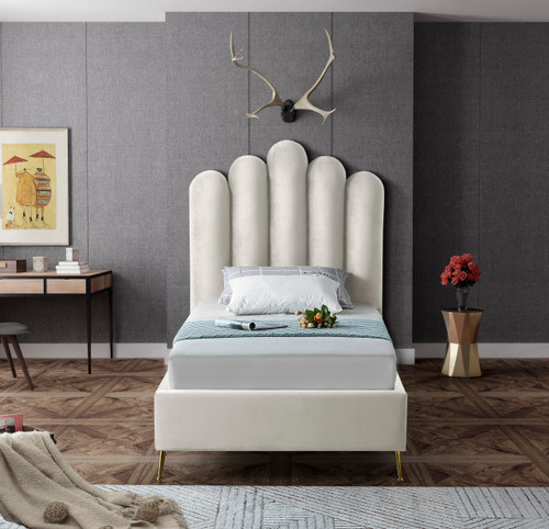 Lily Collection Modern | Contemporary Velvet Upholstered Bed with Deep Channel Tufting and Custom Gold Steel Legs, Twin, Cream