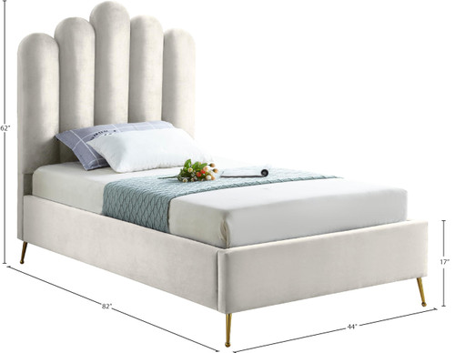 Lily Collection Modern | Contemporary Velvet Upholstered Bed with Deep Channel Tufting and Custom Gold Steel Legs, Twin, Cream