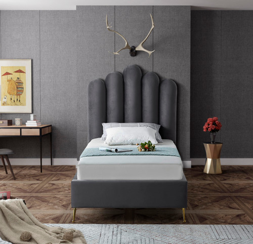 LilyGrey-T Lily Collection Modern | Contemporary Velvet Upholstered Bed with Deep Channel Tufting and Custom Gold Steel Legs, 44" W x 82" D x 62" H, Grey, Twin