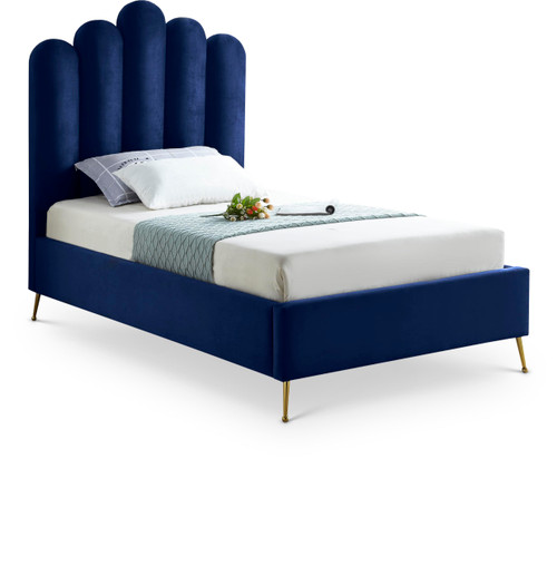LilyNavy-T Lily Collection Modern | Contemporary Velvet Upholstered Bed with Deep Channel Tufting and Custom Gold Steel Legs, 44" W x 82" D x 62" H, Navy, Twin