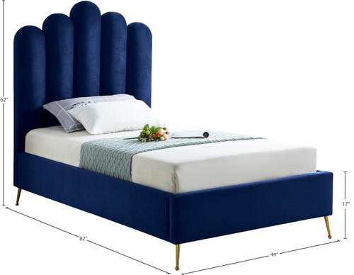 LilyNavy-T Lily Collection Modern | Contemporary Velvet Upholstered Bed with Deep Channel Tufting and Custom Gold Steel Legs, 44" W x 82" D x 62" H, Navy, Twin