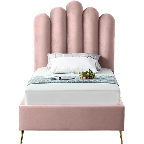 Lily Collection Modern | Contemporary Velvet Upholstered Bed with Deep Channel Tufting and Custom Gold Steel Legs, Twin, Pink