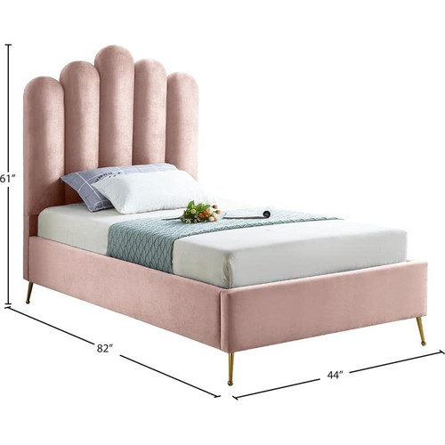 Lily Collection Modern | Contemporary Velvet Upholstered Bed with Deep Channel Tufting and Custom Gold Steel Legs, Twin, Pink