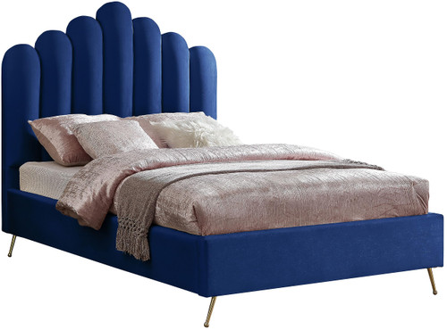 Lily Collection Modern | Contemporary Velvet Upholstered Bed with Deep Channel Tufting and Custom Gold Steel Legs, Full, Navy