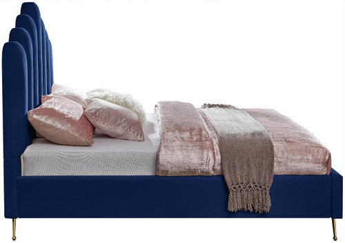 Lily Collection Modern | Contemporary Velvet Upholstered Bed with Deep Channel Tufting and Custom Gold Steel Legs, Full, Navy