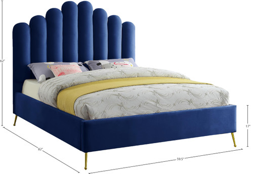 Lily Collection Modern | Contemporary Velvet Upholstered Bed with Deep Channel Tufting and Custom Gold Steel Legs, Full, Navy