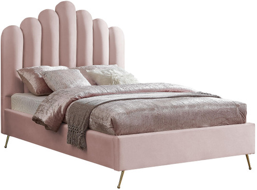 Lily Collection Modern | Contemporary Velvet Upholstered Bed with Deep Channel Tufting and Custom Gold Steel Legs, Full, Pink