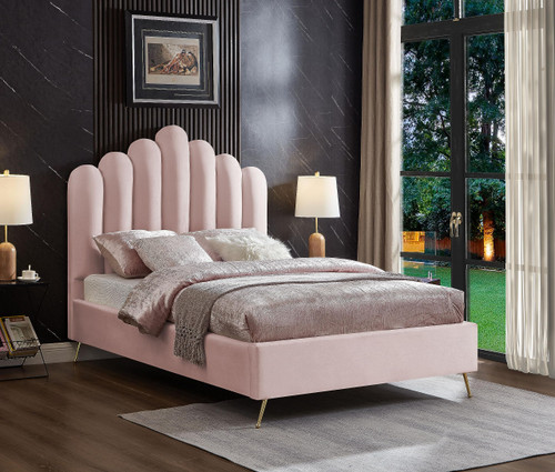 Lily Collection Modern | Contemporary Velvet Upholstered Bed with Deep Channel Tufting and Custom Gold Steel Legs, Full, Pink