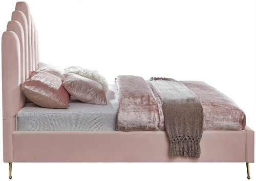Lily Collection Modern | Contemporary Velvet Upholstered Bed with Deep Channel Tufting and Custom Gold Steel Legs, Full, Pink