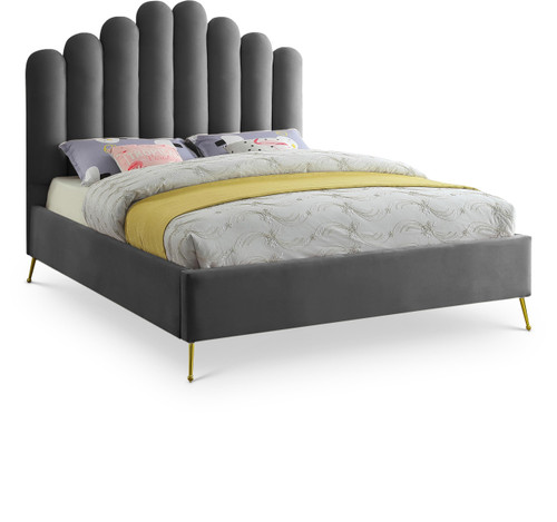 Lily Collection Modern | Contemporary Velvet Upholstered Bed with Deep Channel Tufting and Custom Gold Steel Legs, Queen, Grey