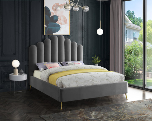 Lily Collection Modern | Contemporary Velvet Upholstered Bed with Deep Channel Tufting and Custom Gold Steel Legs, Queen, Grey