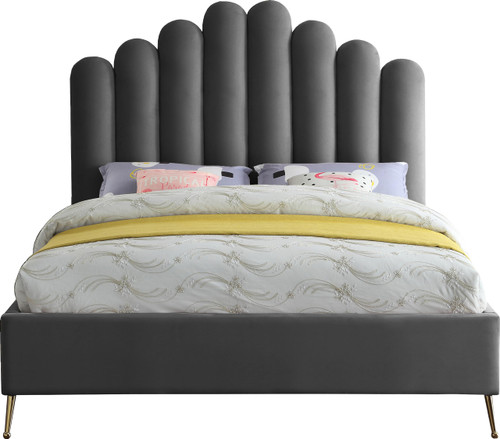 Lily Collection Modern | Contemporary Velvet Upholstered Bed with Deep Channel Tufting and Custom Gold Steel Legs, Queen, Grey