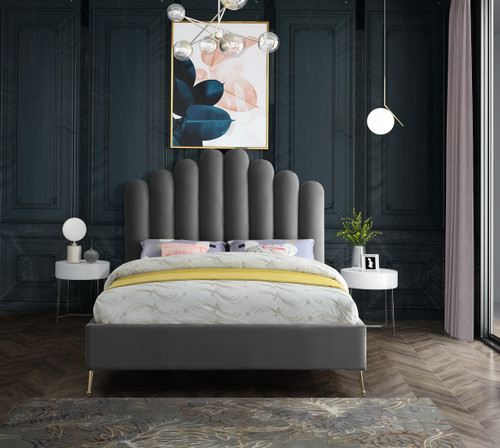 Lily Collection Modern | Contemporary Velvet Upholstered Bed with Deep Channel Tufting and Custom Gold Steel Legs, Queen, Grey