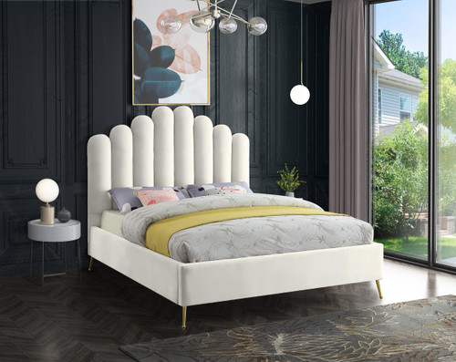 Lily Collection Modern | Contemporary Velvet Upholstered Bed with Deep Channel Tufting and Custom Gold Steel Legs, Queen, Cream