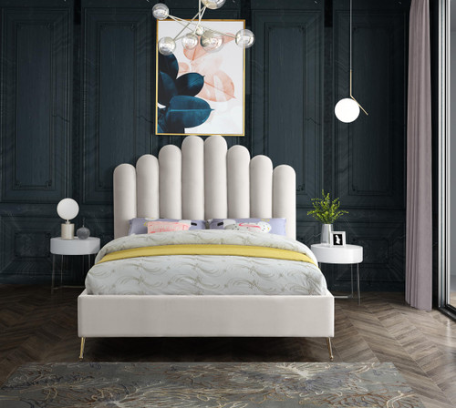 Lily Collection Modern | Contemporary Velvet Upholstered Bed with Deep Channel Tufting and Custom Gold Steel Legs, Queen, Cream