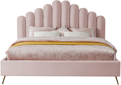 Lily Collection Modern | Contemporary Velvet Upholstered Bed with Deep Channel Tufting and Custom Gold Steel Legs, King, Pink