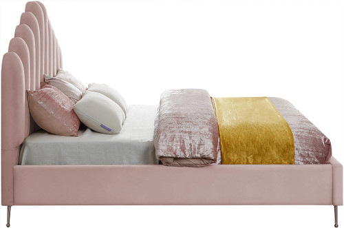 Lily Collection Modern | Contemporary Velvet Upholstered Bed with Deep Channel Tufting and Custom Gold Steel Legs, King, Pink