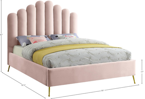 Lily Collection Modern | Contemporary Velvet Upholstered Bed with Deep Channel Tufting and Custom Gold Steel Legs, King, Pink