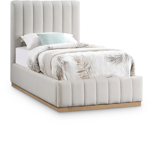 LuciaCream-T Lucia Collection Modern | Contemporary Twin Bed with Rich Cream Linen Textured Fabric and Natural Finish Solid Wood Base, 43.5" W x 82.5" D x 52" H, Cream, Twin