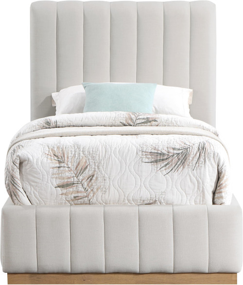 LuciaCream-T Lucia Collection Modern | Contemporary Twin Bed with Rich Cream Linen Textured Fabric and Natural Finish Solid Wood Base, 43.5" W x 82.5" D x 52" H, Cream, Twin