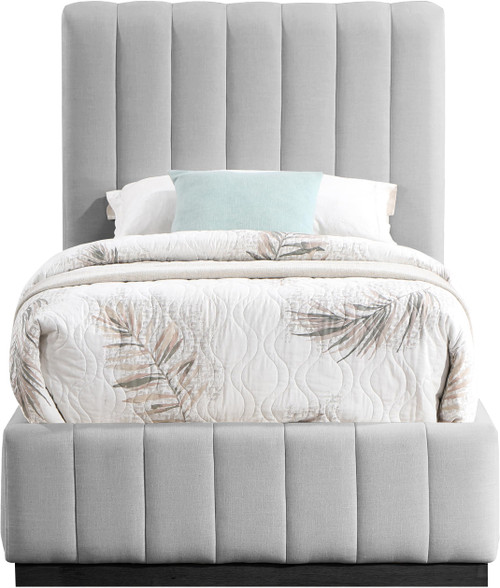 LuciaGrey-T Lucia Collection Modern | Contemporary Twin Bed with Rich Grey Linen Textured Fabric and Black Finish Solid Wood Base, 43.5" W x 82.5" D x 52" H, Grey, Twin