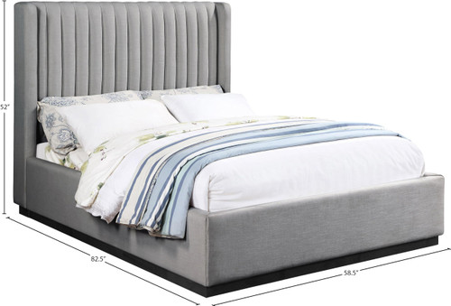 LuciaGrey-F Lucia Collection Modern | Contemporary Full Bed with Rich Cream Linen Textured Fabric and Natural Finish Solid Wood Base, 58.5" W x 82.5" D x 52" H, Grey, Full