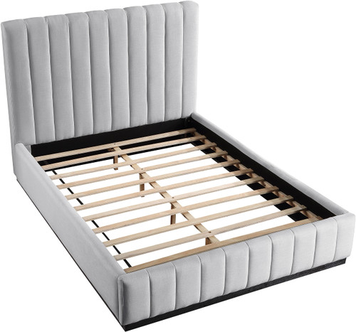 LuciaGrey-F Lucia Collection Modern | Contemporary Full Bed with Rich Cream Linen Textured Fabric and Natural Finish Solid Wood Base, 58.5" W x 82.5" D x 52" H, Grey, Full