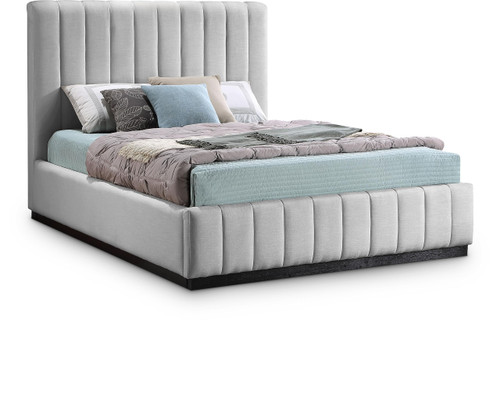 LuciaGrey-Q Lucia Collection Modern | Contemporary Queen Bed with Rich Grey Linen Textured Fabric and Black Finish Solid Wood Base, 65.5" W x 87.5" D x 52" H, Grey, Queen