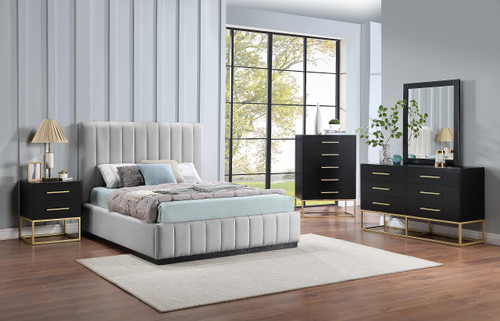 LuciaGrey-Q Lucia Collection Modern | Contemporary Queen Bed with Rich Grey Linen Textured Fabric and Black Finish Solid Wood Base, 65.5" W x 87.5" D x 52" H, Grey, Queen