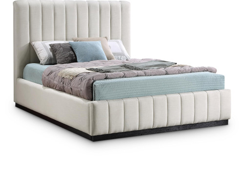 LuciaBeige-Q Lucia Collection Modern | Contemporary Queen Bed with Rich Beige Linen Textured Fabric and Black Finish Solid Wood Base, 65.5" W x 87.5" D x 52" H, Beige, Queen