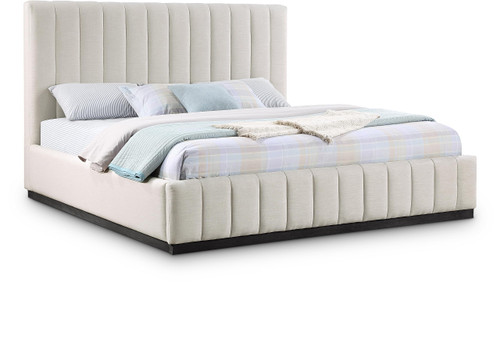 LuciaBeige-K Lucia Collection Modern | Contemporary King Bed with Rich Beige Linen Textured Fabric and Black Finish Solid Wood Base, 81.5" W x 87.5" D x 52" H, Beige, King