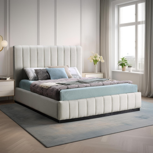 LuciaBeige-K Lucia Collection Modern | Contemporary King Bed with Rich Beige Linen Textured Fabric and Black Finish Solid Wood Base, 81.5" W x 87.5" D x 52" H, Beige, King