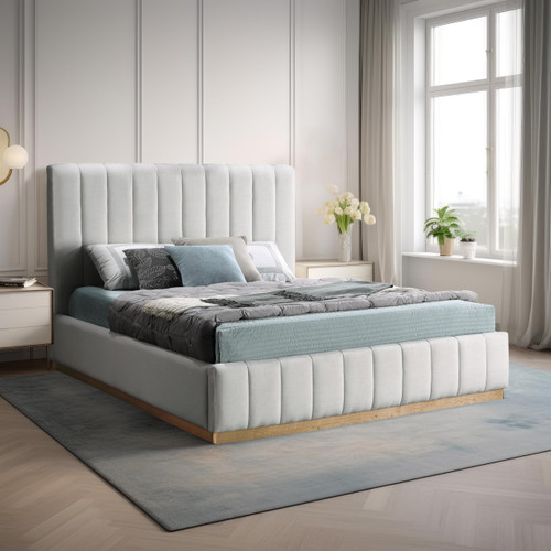 LuciaCream-K Lucia Collection Modern | Contemporary King Bed with Rich Cream Linen Textured Fabric and Natural Finish Solid Wood Base, 81.5" W x 87.5" D x 52" H, Cream, King