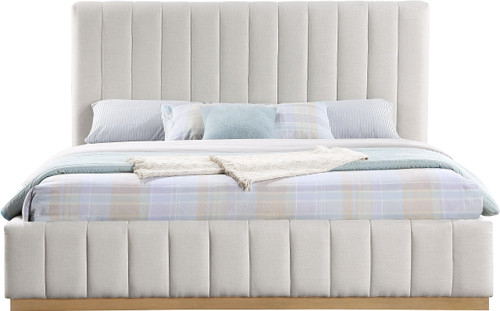 LuciaCream-K Lucia Collection Modern | Contemporary King Bed with Rich Cream Linen Textured Fabric and Natural Finish Solid Wood Base, 81.5" W x 87.5" D x 52" H, Cream, King