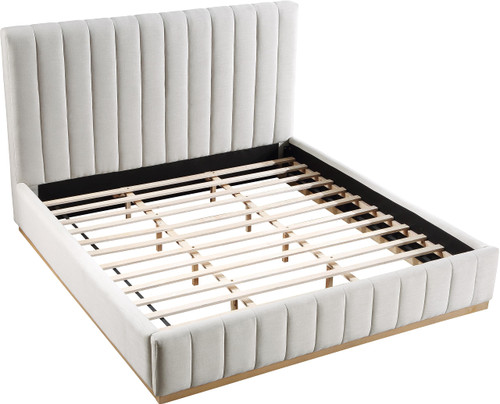 LuciaCream-K Lucia Collection Modern | Contemporary King Bed with Rich Cream Linen Textured Fabric and Natural Finish Solid Wood Base, 81.5" W x 87.5" D x 52" H, Cream, King