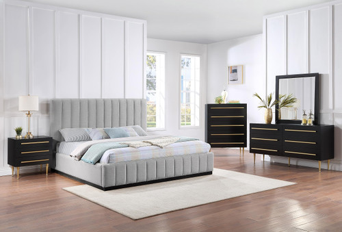 LuciaGrey-K Lucia Collection Modern | Contemporary King Bed with Rich Grey Linen Textured Fabric and Black Finish Solid Wood Base, 81.5" W x 87.5" D x 52" H, Grey, King