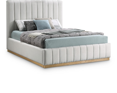 LuciaCream-Q Lucia Collection Modern | Contemporary Queen Bed with Rich Cream Linen Textured Fabric and Natural Finish Solid Wood Base, 65.5" W x 87.5" D x 52" H, Cream, Queen