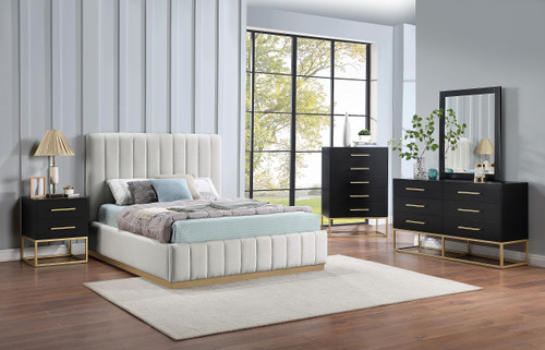 LuciaCream-Q Lucia Collection Modern | Contemporary Queen Bed with Rich Cream Linen Textured Fabric and Natural Finish Solid Wood Base, 65.5" W x 87.5" D x 52" H, Cream, Queen