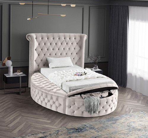 Luxus Collection Modern | Contemporary Round Shaped Velvet Upholstered Bed with Deep Button Tufting and Footboard Storage, Twin, Cream