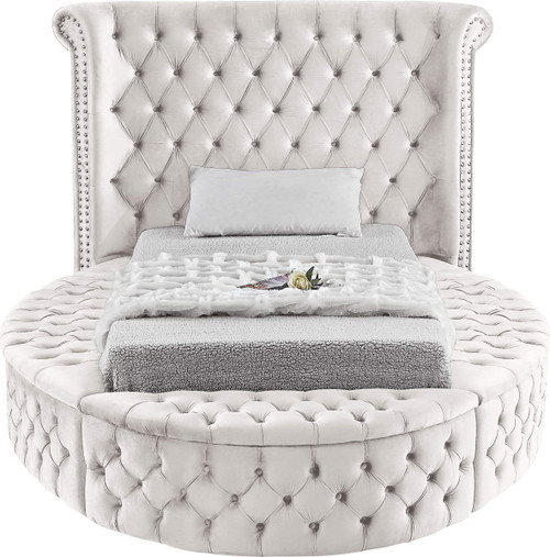Luxus Collection Modern | Contemporary Round Shaped Velvet Upholstered Bed with Deep Button Tufting and Footboard Storage, Twin, Cream