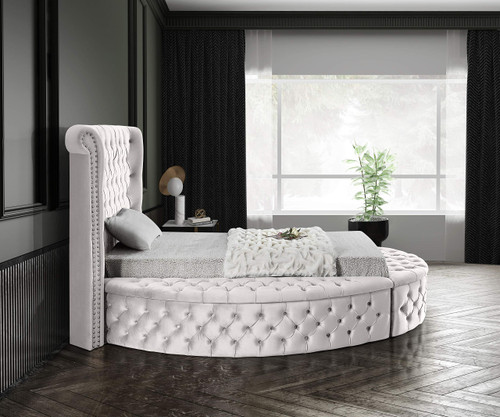 Luxus Collection Modern | Contemporary Round Shaped Velvet Upholstered Bed with Deep Button Tufting and Footboard Storage, Twin, Cream