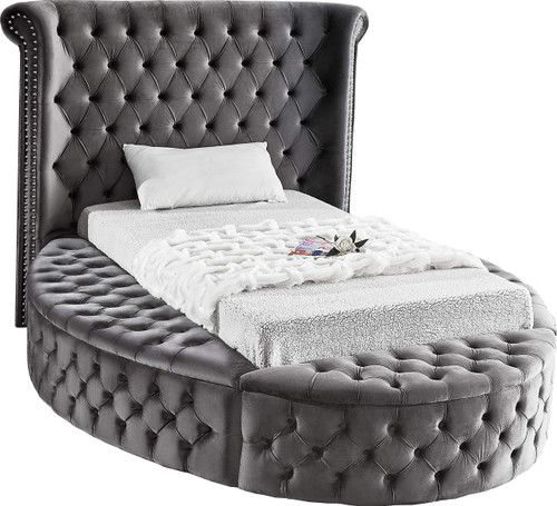 Luxus Collection Modern | Contemporary Round Shaped Velvet Upholstered Bed with Deep Button Tufting and Footboard Storage, Twin, Grey