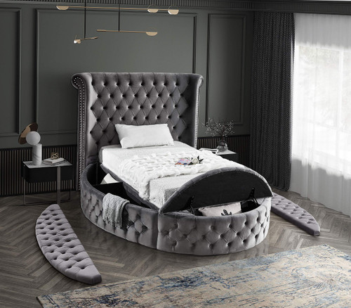 Luxus Collection Modern | Contemporary Round Shaped Velvet Upholstered Bed with Deep Button Tufting and Footboard Storage, Twin, Grey