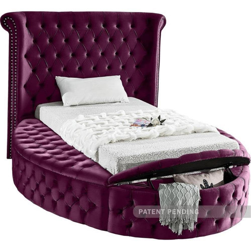 LuxusPurple-T Luxus Collection Modern | Contemporary Round Shaped Velvet Upholstered Bed with Deep Button Tufting and Footboard Storage, 71.5" W x 93.5" D x 56" H, Purple, Twin