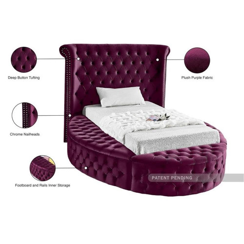 LuxusPurple-T Luxus Collection Modern | Contemporary Round Shaped Velvet Upholstered Bed with Deep Button Tufting and Footboard Storage, 71.5" W x 93.5" D x 56" H, Purple, Twin
