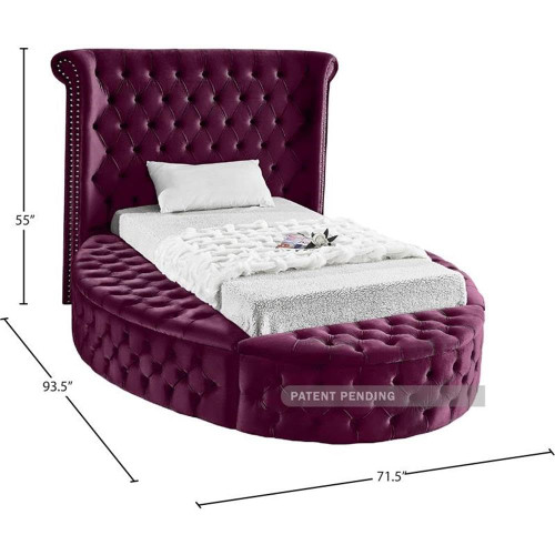 LuxusPurple-T Luxus Collection Modern | Contemporary Round Shaped Velvet Upholstered Bed with Deep Button Tufting and Footboard Storage, 71.5" W x 93.5" D x 56" H, Purple, Twin